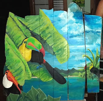 Custom Driftwood Painting, Fiesta de Tucanes | Island Art Studio | Tropical Art | Bocas del Toro